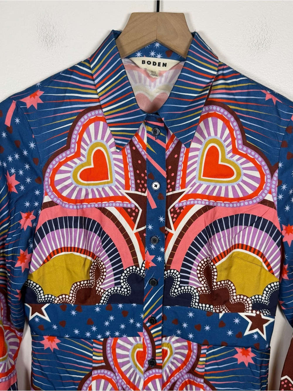 Boden Empire Hotched Shirt Dress Starburst Heart Print Midi US 4P Button Front - Picture 8 of 10